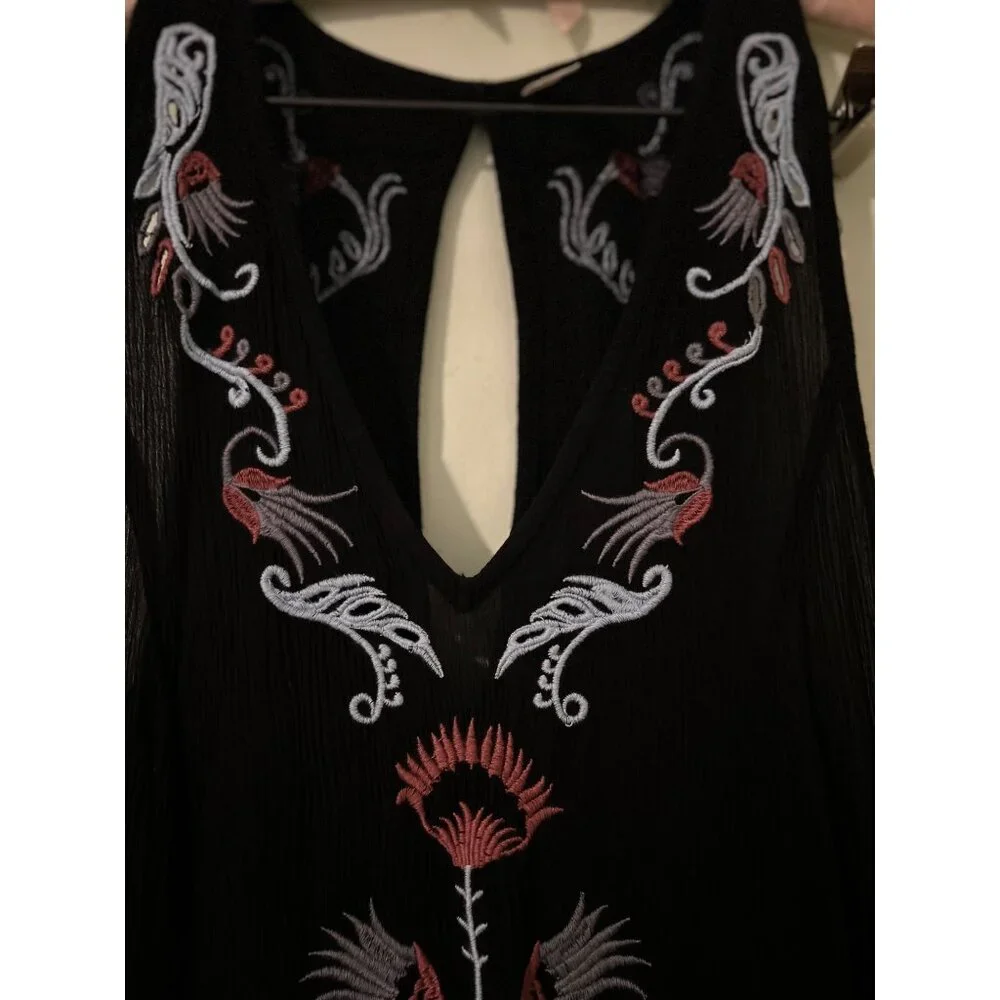 Intimately Free People Black Embroidered Boho Tassel Tunic Dress Sleeveless Keyh - Picture 11 of 16
